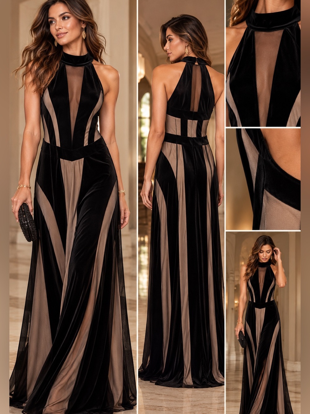 Lipsy London NWT Black Velvet Taupe Mesh Halter Maxi Gown US 8